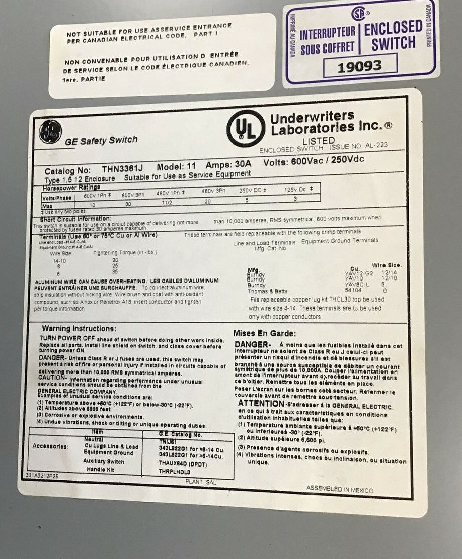 GENERAL ELECTRIC THN3361J SAFTEY SWITCH NON FUSIBLE 30A MODEL 11 600VAC/250VDC7
