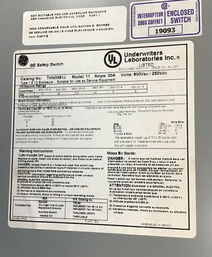 GENERAL ELECTRIC THN3361J SAFTEY SWITCH NON FUSIBLE 30A MODEL 11 600VAC/250VDC7