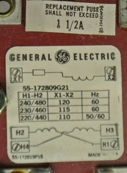 GENERAL ELECTRIC 55-172809G21 TRANSFORMER / 1-1/2A / 240-480V PRIMARY / 120V SEC1