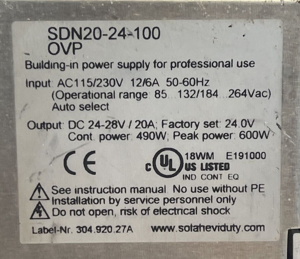 SOLA 20-24-100 OVP POWER SUPPLY OUTPUT 24-28VDC 20A INPUT 115/230VAC12/6A1