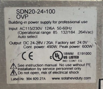 SOLA 20-24-100 OVP POWER SUPPLY OUTPUT 24-28VDC 20A INPUT 115/230VAC12/6A1