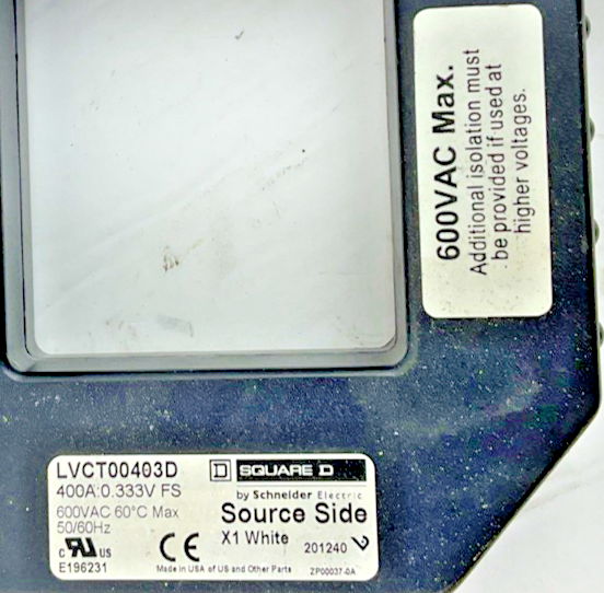 SQUARE D LVCT00403D CURRENT TRANSFORMER 400A 0.333V FS 600VAC 50/60HZ3
