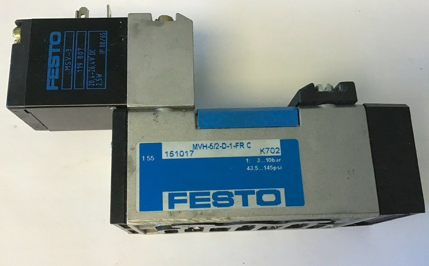 FESTO MVH-5/2-D-1-FR-C SOLENIOD VALVE W/FESTO MSV-3 20,4-26,4VDC 2,5W0