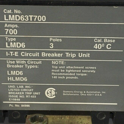 ITE LMD63T700 CIRCUIT BREAKER TRIP UNIT 700AMP MAGNETIC ADJ 3200-8000 3POLE1