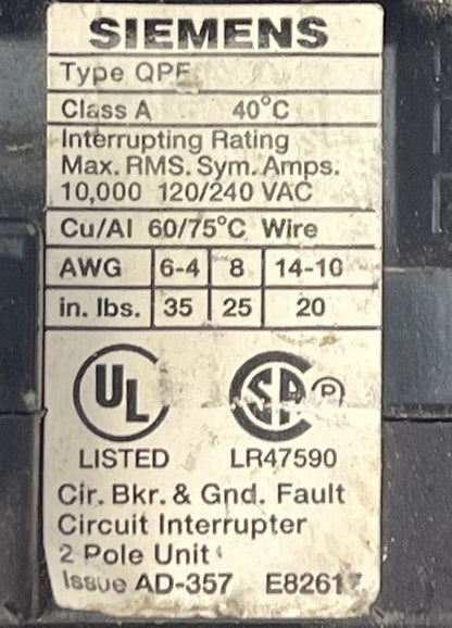 SIEMENS QPF240 CIRCUIT BREAKER GROUND FAULT 2POLE 40AMP 120/240VAC CLASS A1