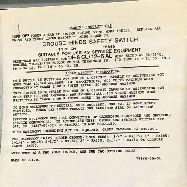 CROUSE-HINDS HU361AW HEAVY DUTY SAFETY SWITCH 30A 600VAC 3 POLES MODEL 42