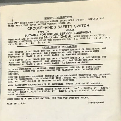 CROUSE-HINDS HU361AW HEAVY DUTY SAFETY SWITCH 30A 600VAC 3 POLES MODEL 42