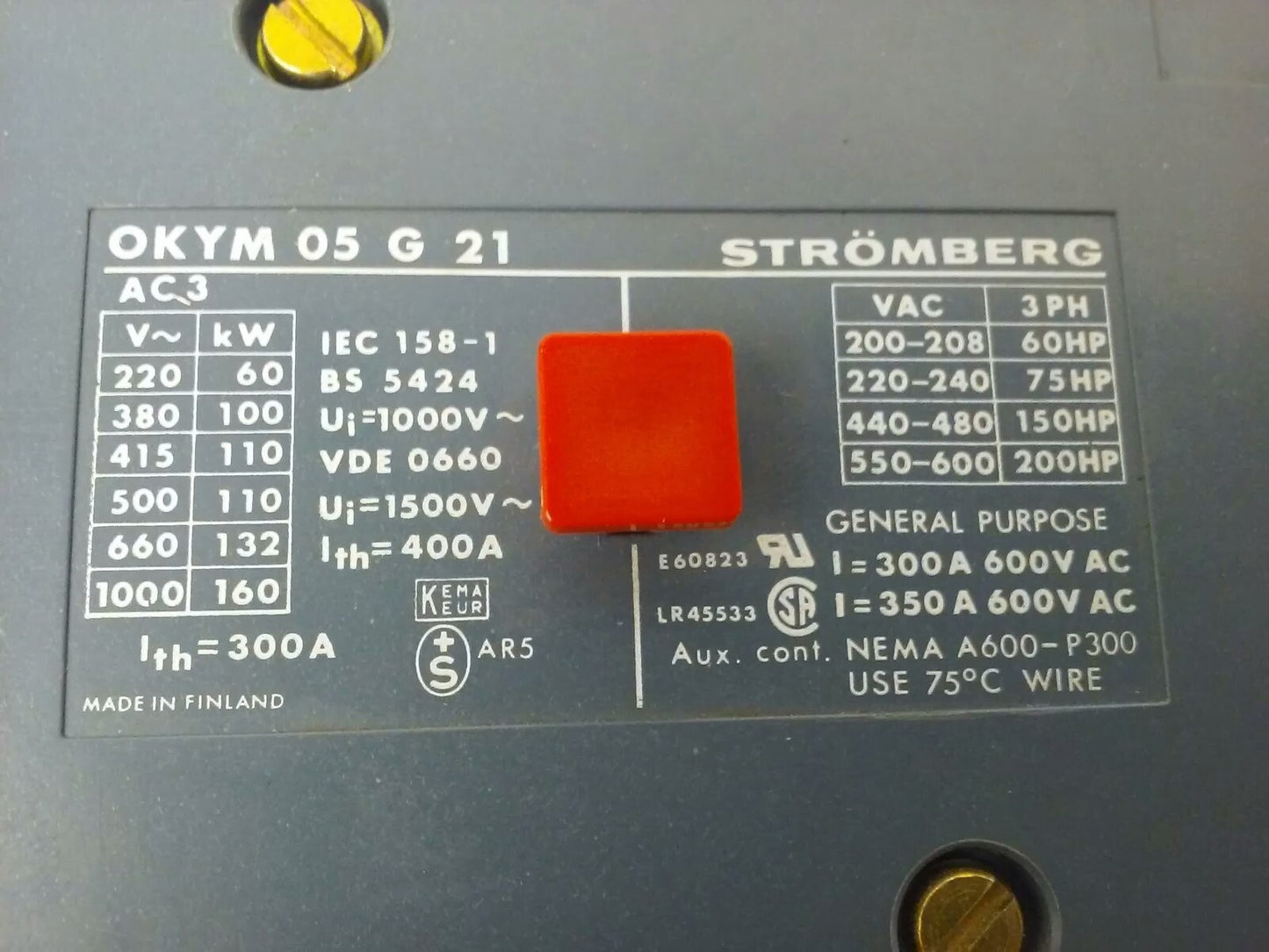 STROMBERG OKYM-05G21, CONTACTOR, 3PH, 600V, 200HP, 350A, 160KW, 125V COIL, USED1