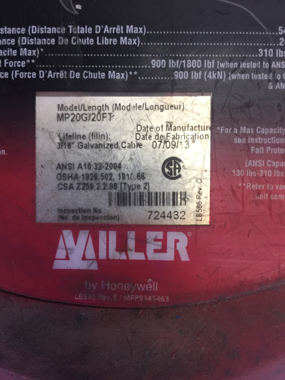 MILLER BY HONEYWELL FALCON MP20G/20FT SELF-RETRACTING LIFELINE 310LBS 1