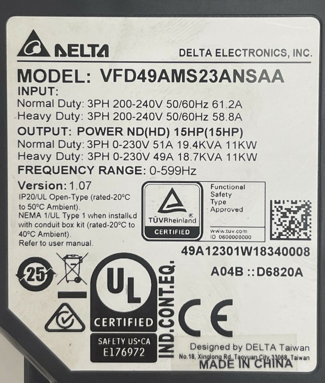 DELTA VFD49AMS23ANSAA DRIVE INPUT 200-240V OUTPUT 0-230V 51A 19.4KVA VER 1.071