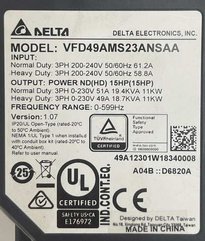 DELTA VFD49AMS23ANSAA DRIVE INPUT 200-240V OUTPUT 0-230V 51A 19.4KVA VER 1.071