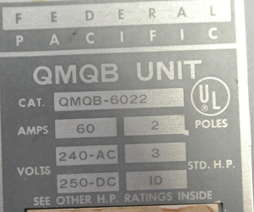 FEDERAL PACIFIC QMQB-6022  TWIN PANELBOARD SWITCH - 240VAC, 60A, 2-POLE, 3HP1