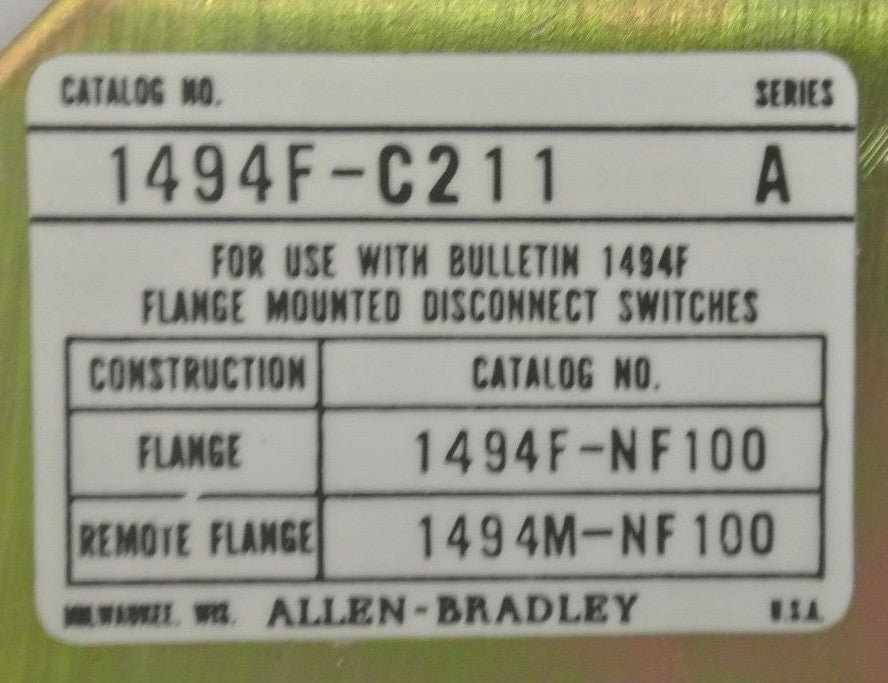 ALLEN-BRADLEY 1494F-C211 Ser. A  FUSE BLOCK ADAPTER PLATE 250V, 100A w/ X-4006561