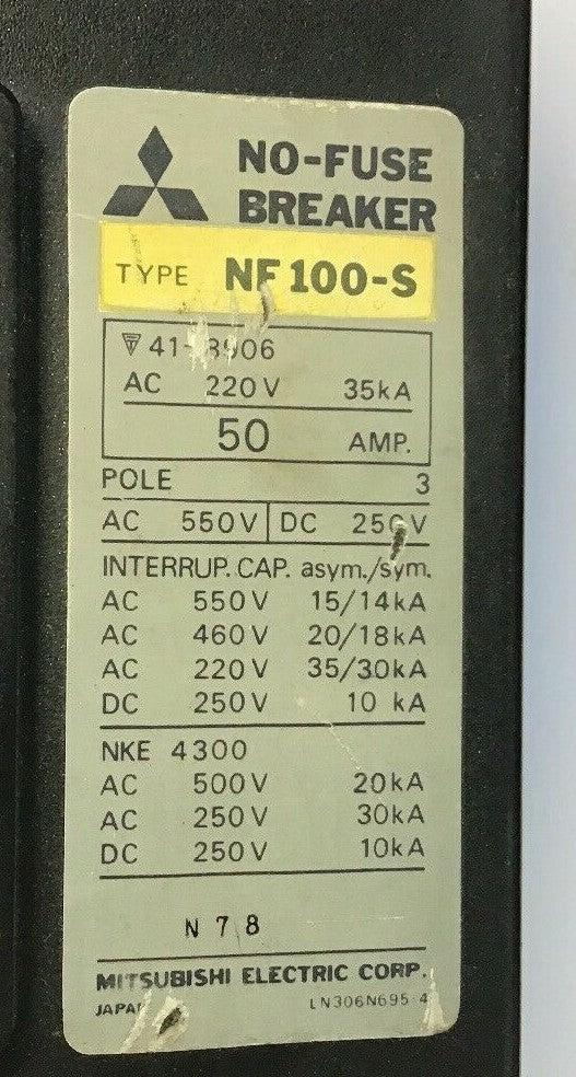 MITSUBISHI NF 100-S CIRCUIT BREAKER 50AMP 550VAC/250VDC 3POLE1