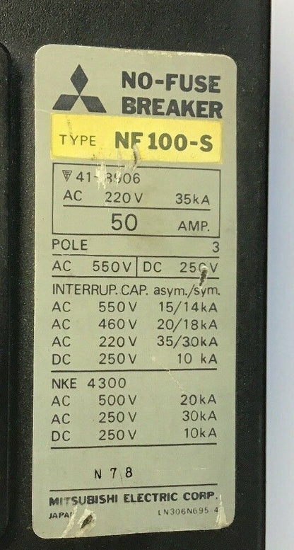 MITSUBISHI NF 100-S CIRCUIT BREAKER 50AMP 550VAC/250VDC 3POLE1