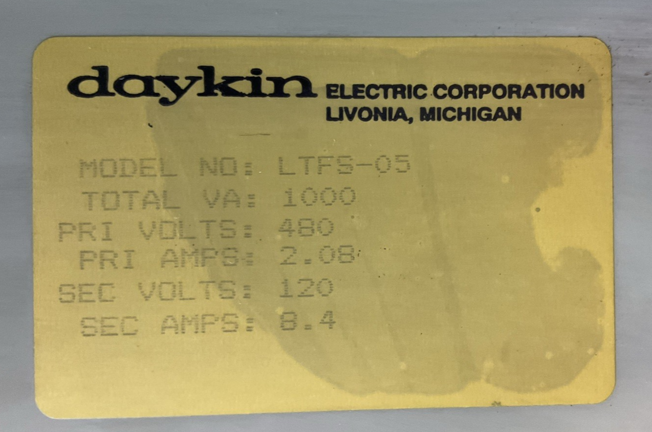DAYKIN LTFS-05 1000VA PRI VOLTS 480 PRI AMPS 2.08 SEC VOLTS 120 SEC AMPS 8.41