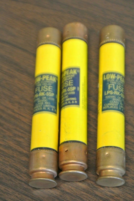 LOT of 3 / BUSS LPS-RK-5SP LOW-PEAK TIME-DELAY DUAL-ELEMENT FUSE / 5A / 600V0