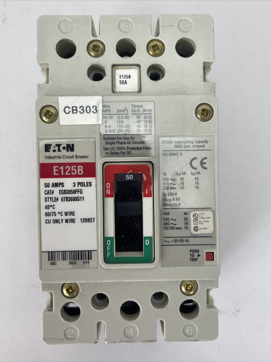 EATON EGB3050FFG INDUSTRIAL CIRCUIT BREAKER 50AMP 3POLE 250VDC 480VAC 67B3600G110