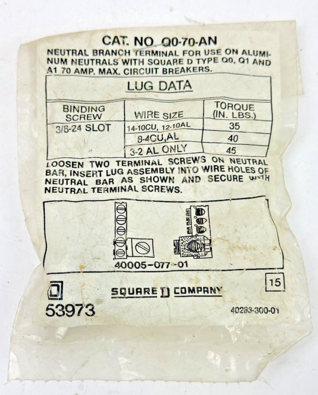 SQUARE D - Q0-70-AN - NEUTRAL BRANCH TERMINAL FOR USE ON ALUMINUM- NEW OLD STOCK0