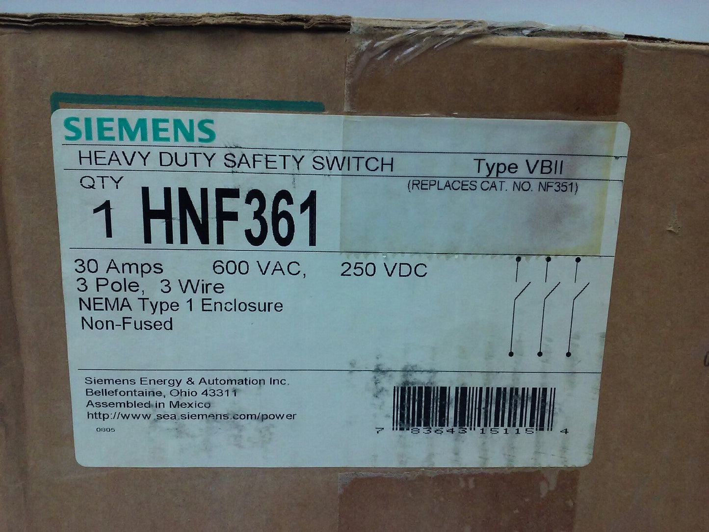 SIEMENS HNF361 SAFETY SWITCH, TYPE 1 ENCLOSURE, TYPE VB11, 30A, 600V, 3P, NEW1