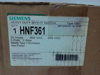 SIEMENS HNF361 SAFETY SWITCH, TYPE 1 ENCLOSURE, TYPE VB11, 30A, 600V, 3P, NEW1