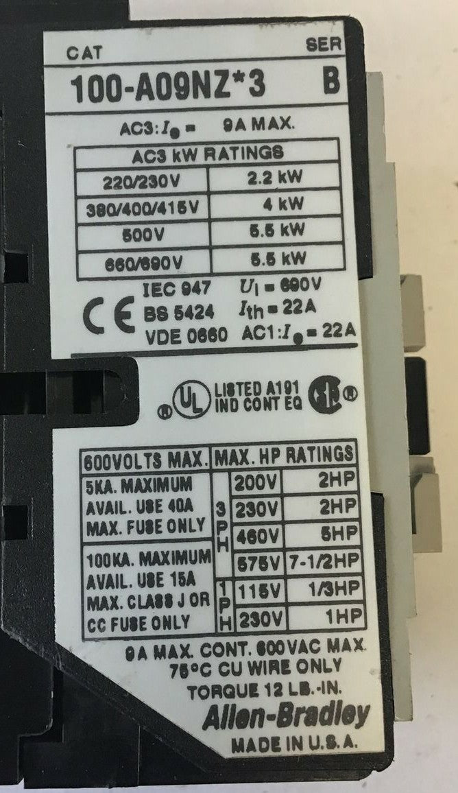 ALLEN BRADLEY 100-A09NZ*3 CONTACTOR SER.B 9A 600VAC ***LOTOF2***5