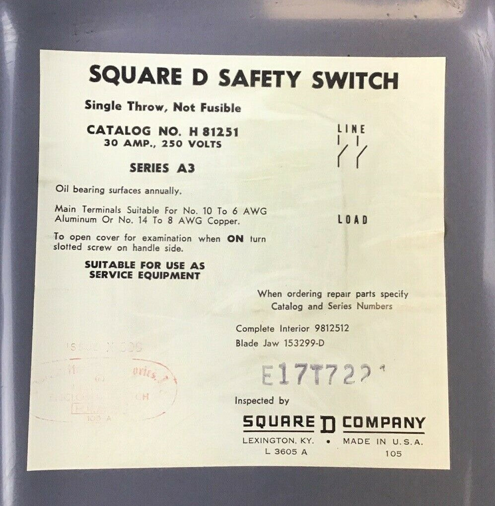SQUARE D H-81251 SAFETY SWITCH SER.A3 30A 250V 7