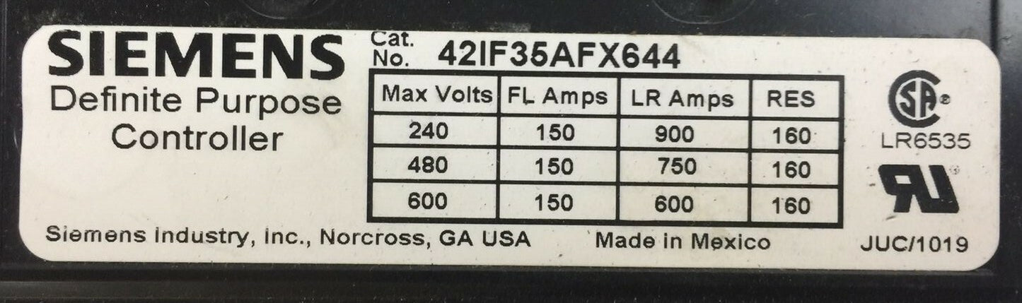 SIEMENS 42IF35AFX644 DEFINITE PURPOSE CONTROLLER 600V 150 FL AMPS 600 LR AMPS1
