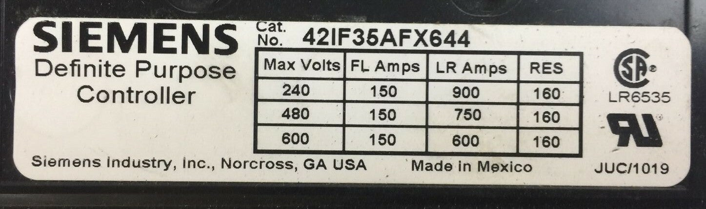 SIEMENS 42IF35AFX644 DEFINITE PURPOSE CONTROLLER 600V 150 FL AMPS 600 LR AMPS1