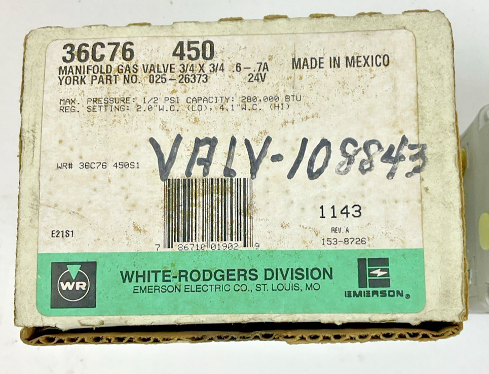 WHITE-RODGERS 36C76 MANIFOLD GAS VALVE 3/4 X 3/4 6-7A 24V 1/2PSI 280000BTU1