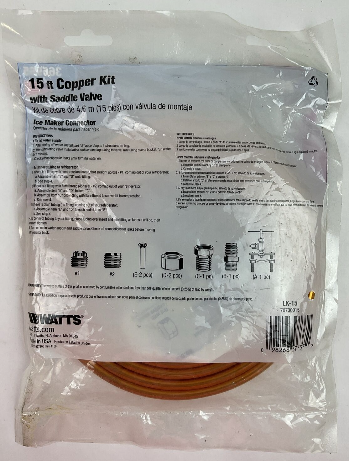 WATTS 366965 15FT COPPER KIT WITH SADDLE VALVE ICE MAKER CONNECTOR 1/4"1
