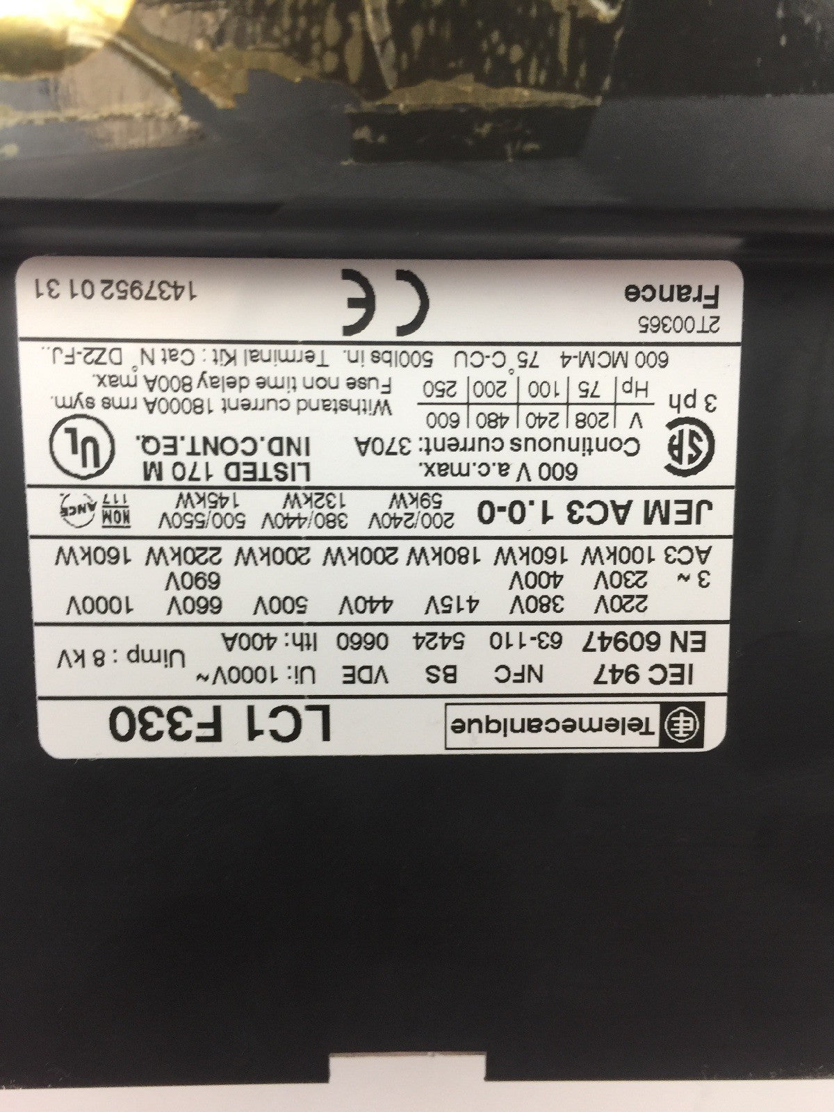 TELEMECANIQUE SQUARE D LC1F330 CONTACTOR 370A 600VAC 250HP LX1 FH 12725