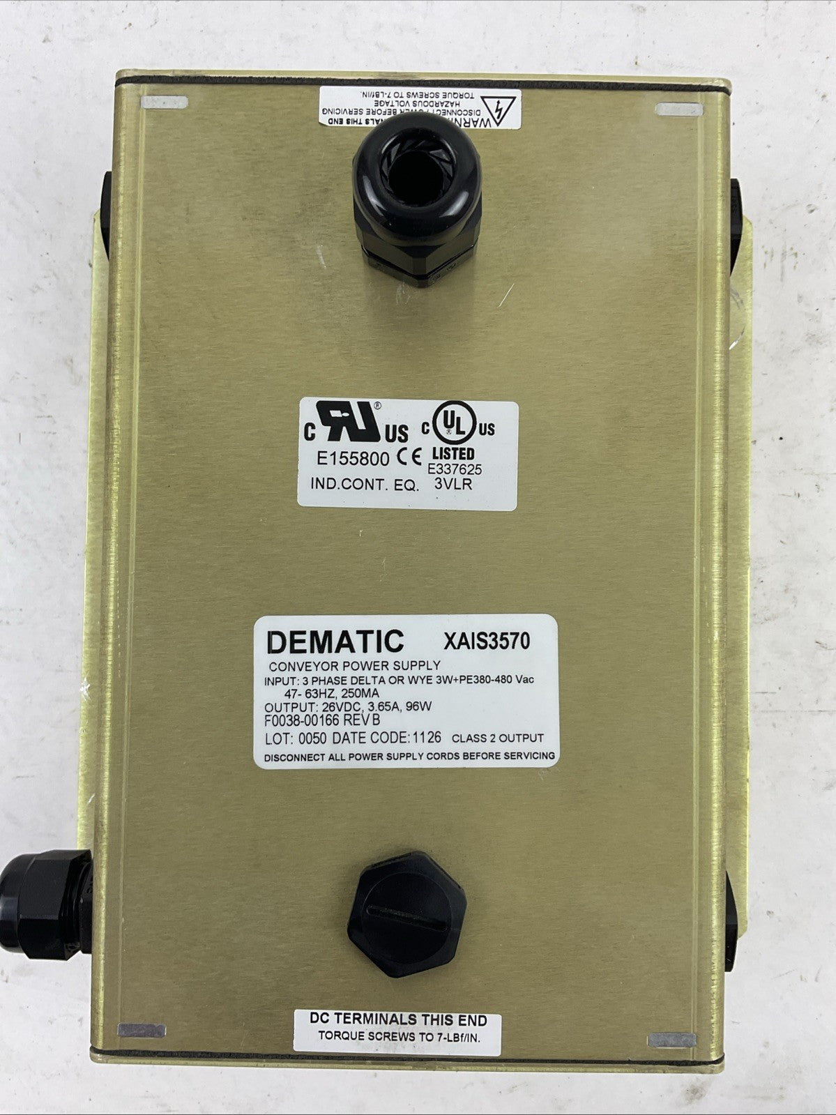 DEMATIC XAIS3570 CONVEYOR POWER SUPPLY OUTPUT 26VDC 3.65A 96W0