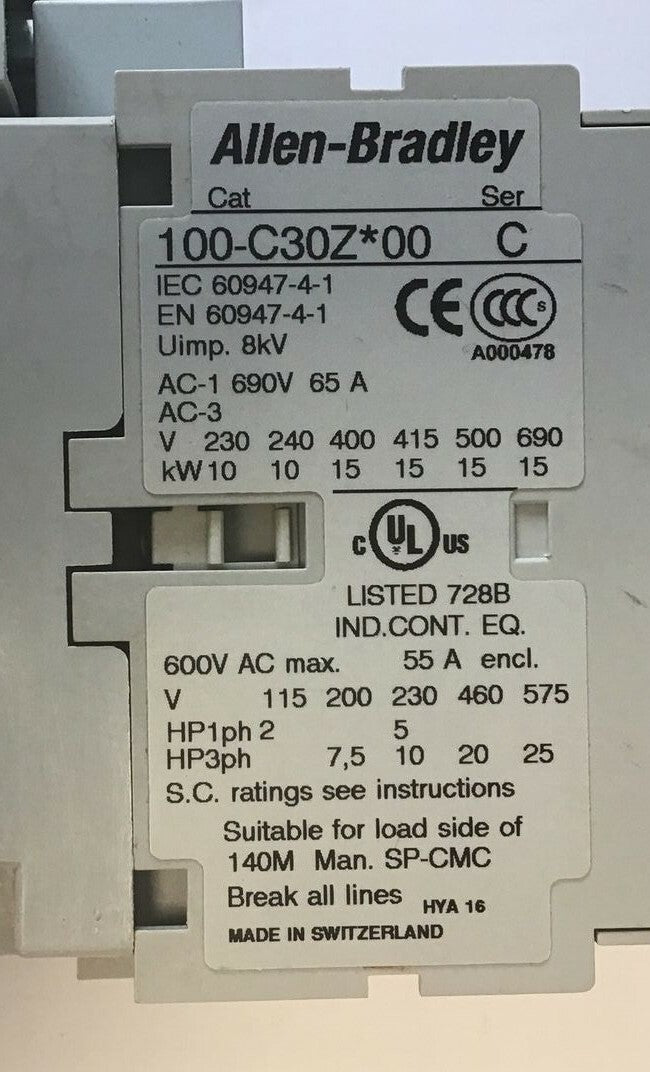 ALLEN BRADLEY 100-C30Z*00 CONTACTOR SER.C 600VAC 55A W/100-S & 100-FSD250 1