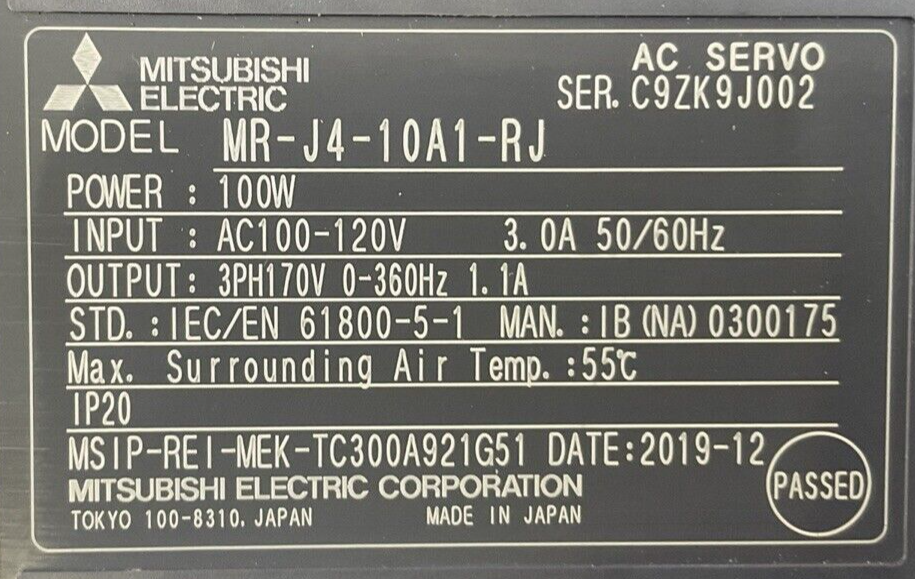 MITSUBISHI MR-J4-10A1-RJ AC SERVO DRIVE OUTPUT 3PH 170VAC 0-360HZ 1.1A1