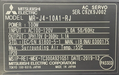 MITSUBISHI MR-J4-10A1-RJ AC SERVO DRIVE OUTPUT 3PH 170VAC 0-360HZ 1.1A1