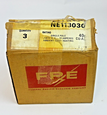 FPE *BOX OF 3* - NE113030 - CIRCUIT BREAKERS - 1 POLE/120VAC/30A, LJ-7242 - NEW1