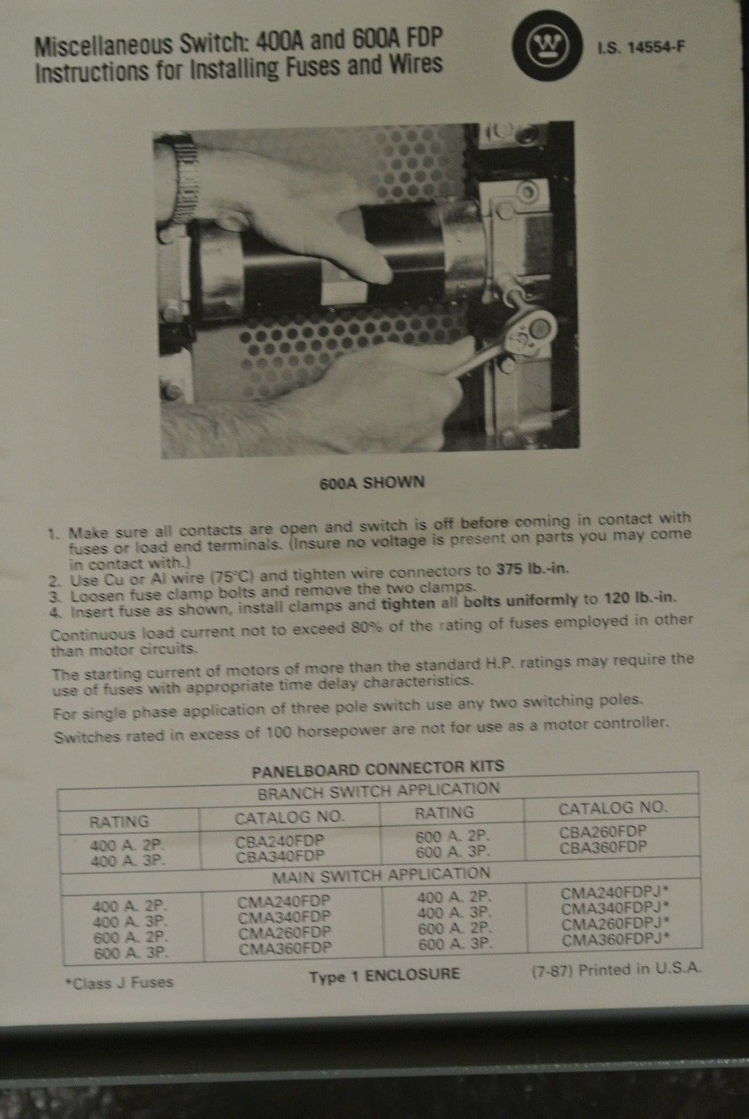 WESTINGHOUSE FDP325R FUSIBLE FDP SWITCH - 240V, 400A, 3-POLE4