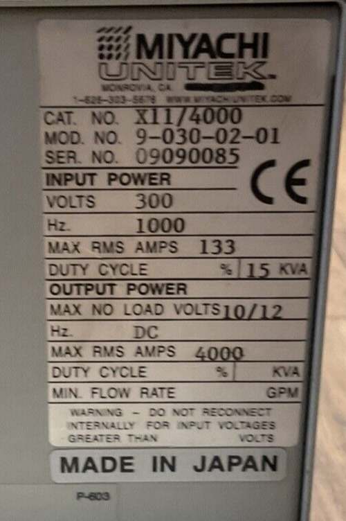 MIYACHI UNITEK X11/4000 9-030-02-01 HF INVERTER WELDING TRANSFORMER OUTPUT VDC1