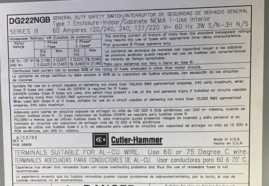 CUTLER HAMMER DG222NGB GENERAL DUTY SAFETY SWITCH 60A 240V INDOOR11