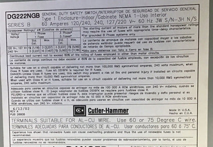 CUTLER HAMMER DG222NGB GENERAL DUTY SAFETY SWITCH 60A 240V INDOOR11