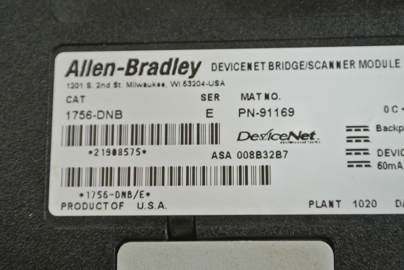 ALLEN-BRADLEY 1756-DNB DEVICENET BRIDGE / SCANNER MODULE - SERIES E10
