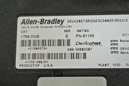 ALLEN-BRADLEY 1756-DNB DEVICENET BRIDGE / SCANNER MODULE - SERIES E10