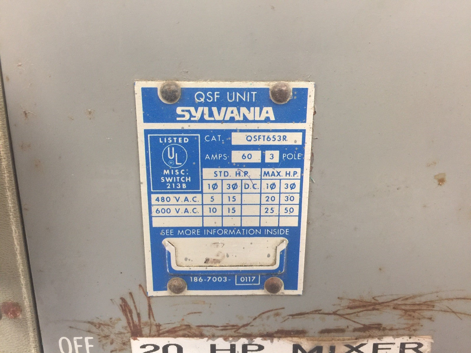 SYLVANIA QSFT653R FUSIBLE TWIN PANELBOARD SWITCH 600VAC 60A 3 POLE2