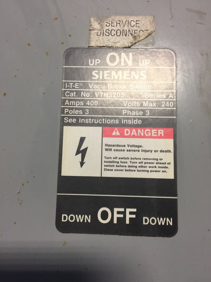 SIEMENS V7H3205 VACU-BREAK SWITCH 400 AMP 240V MAX 3 POLE 3 PHASE SERIES A1