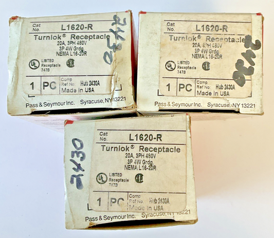 PASS & SEYMOUR L1620-R TURNLOK RECEPTACLE 20A 3PH 480V 3P 4W ***LOTOF3***0