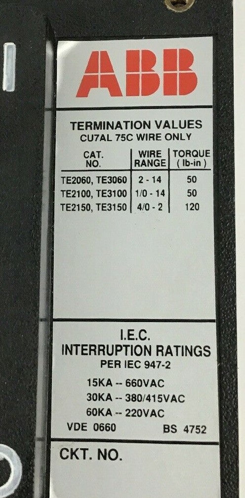 ABB UXAB 727131 R 105 25AMP CIRCUIT BREAKER 500VDC 3POLE TYPE ES 480VAC2