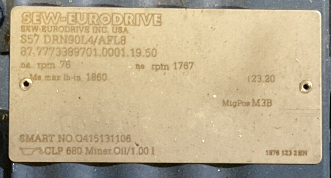 SEW-EURODRIVE S57 DRN90L4/AFL8 GEAR MOTOR HZ 60 rpm 1767/76 V460 Y2