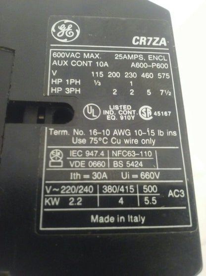GENERAL ELECTRIC CR7ZA CONTACTOR 600V 25A 3PH 7.5HP 24VDC COIL W/ CR7XS13J 1
