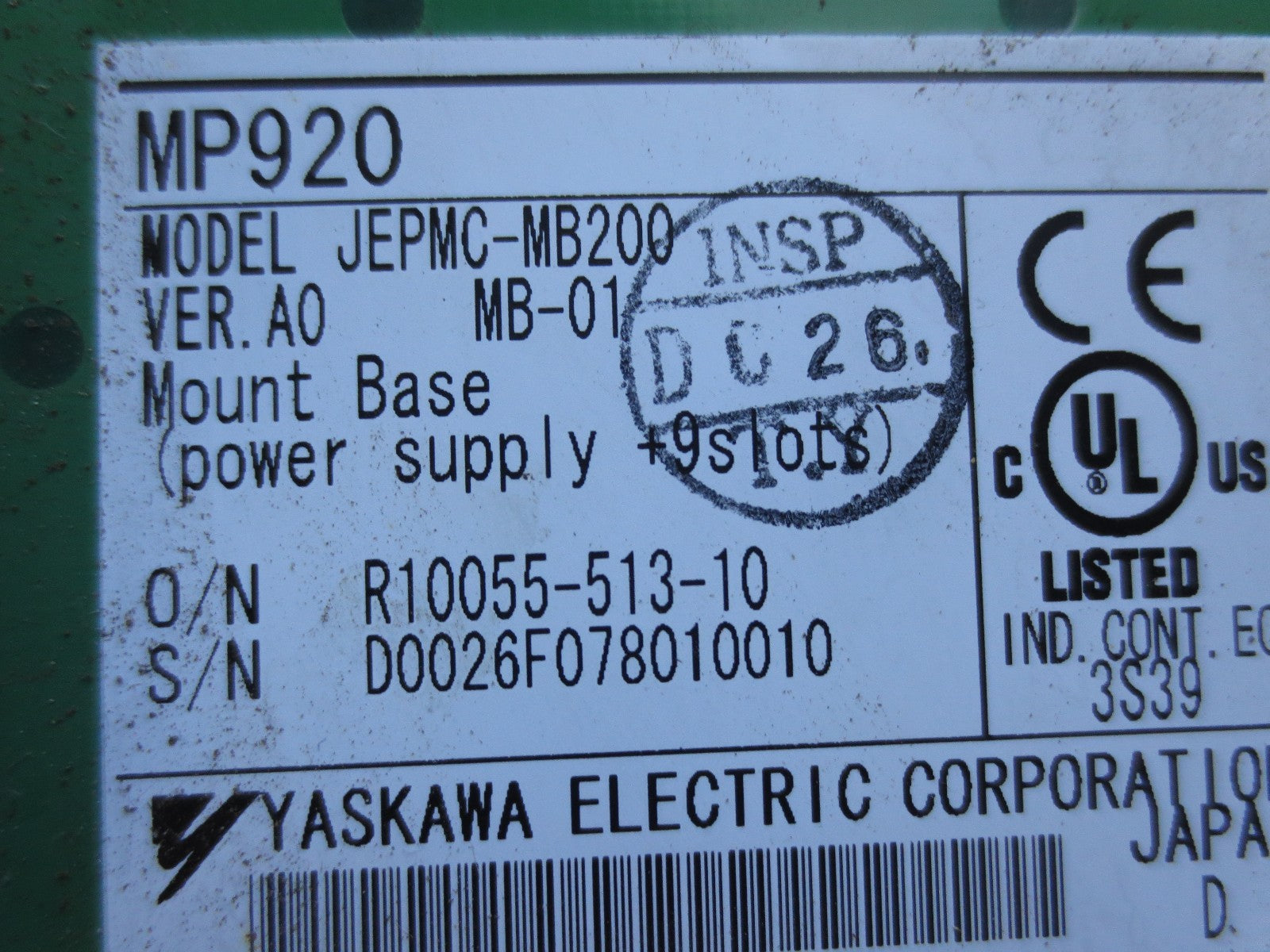 YASKAWA MP920 JAPMC-MB200 Rev. A JEPMC-MB200 9-SLOT MOUNT BASE / BACKPLANE MB-011